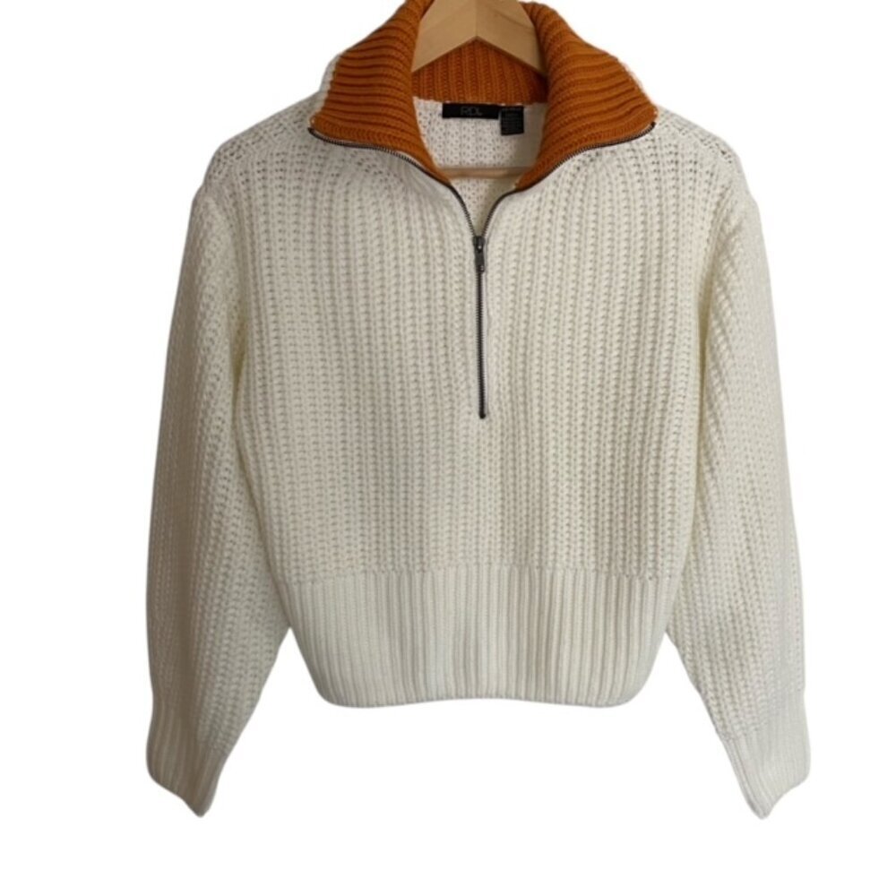 RDI Crop Quarter Zip Pullover Sweater in Winter White & Ochre XSmall